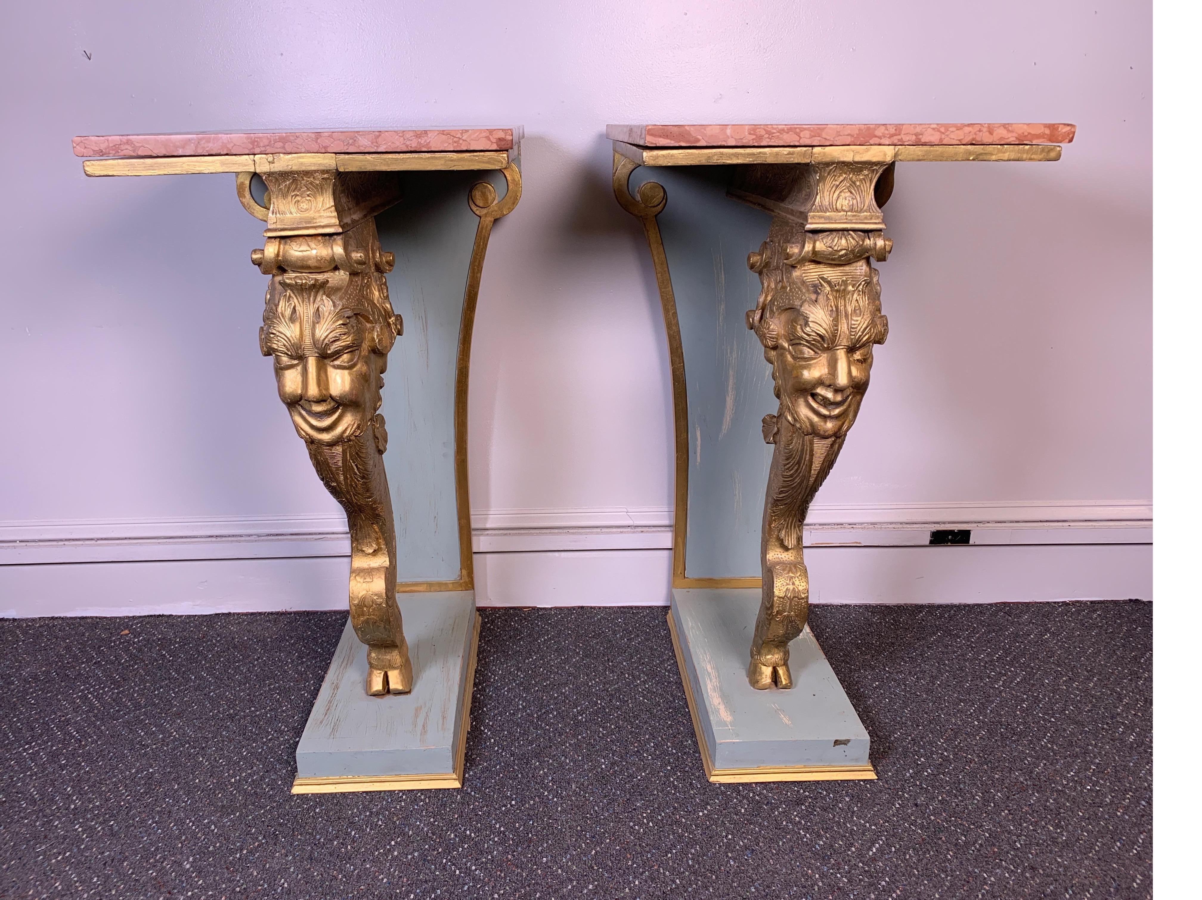 Italian pair of carved wood gilt pedestals with marble top, circa 19th century
Nice pair of antique pedestals that can also be used as a console with a longer piece of marble.
Dimensions: 18.5
