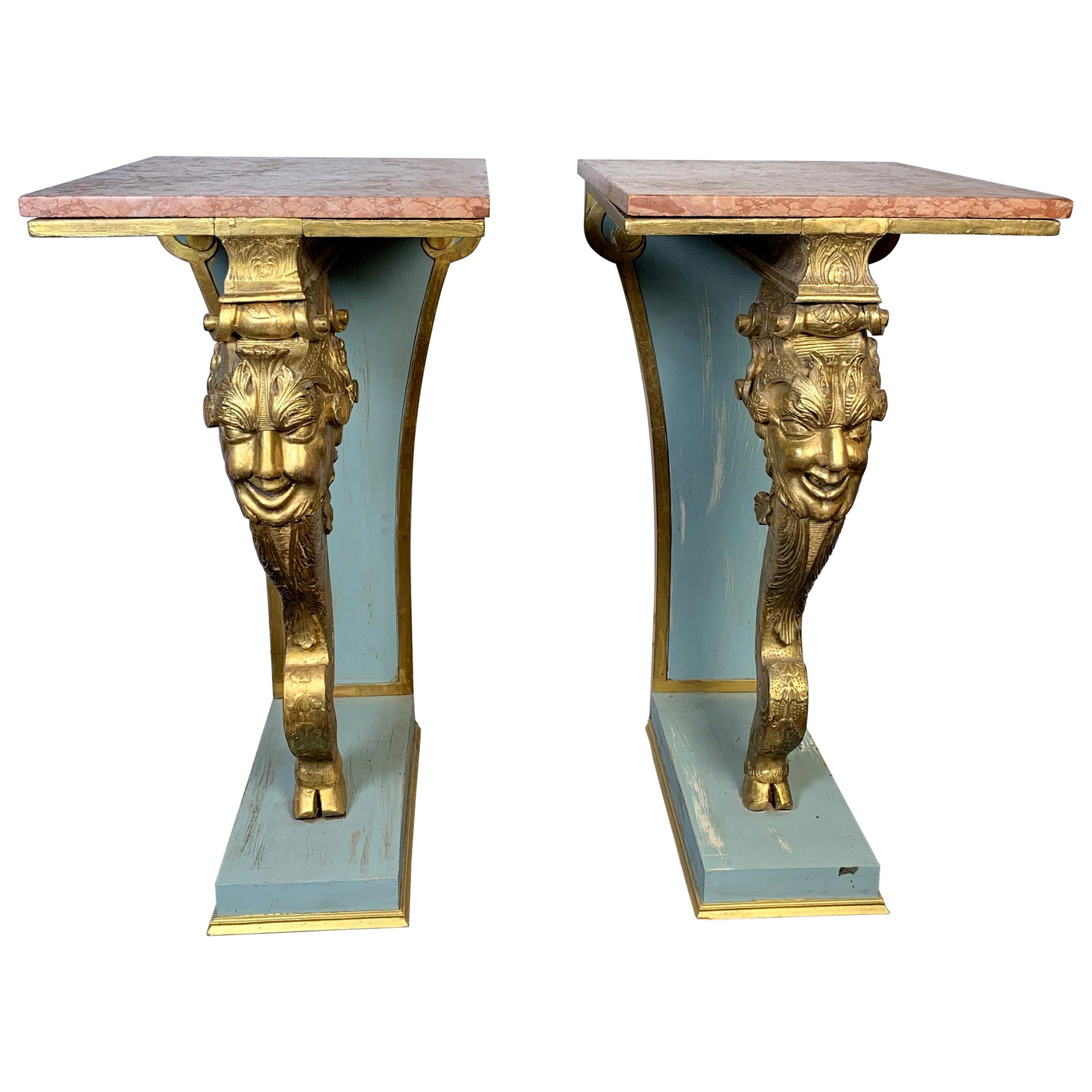 Italian Pair of Carved Wood Gilt Pedestals with Marble Top, circa 19th Century For Sale