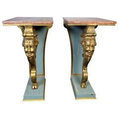 Antique Italian Pair of Carved Wood Gilt Pedestals with Marble Top, circa 19th Century