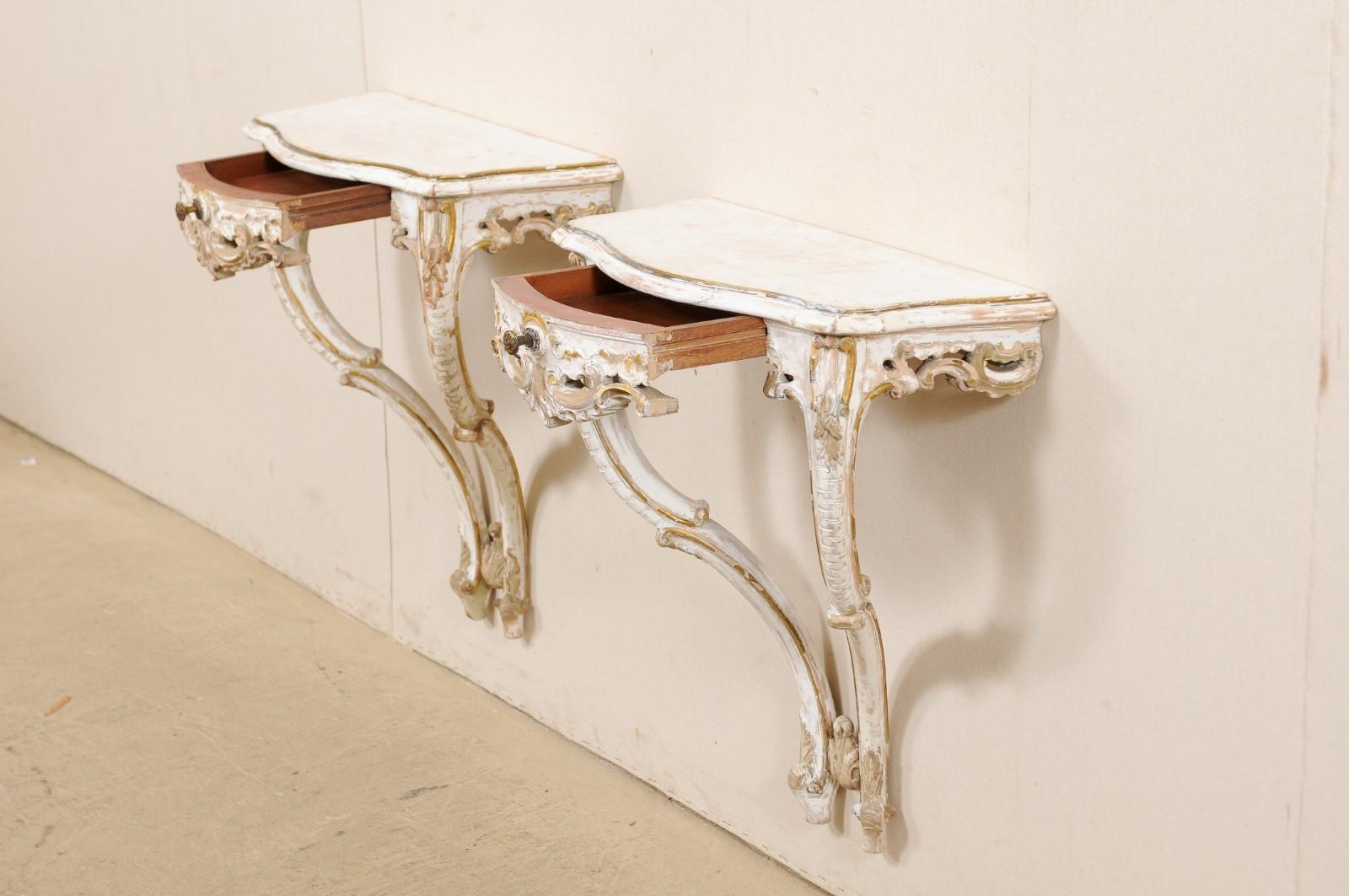 Italian Carved Wood Wall Mounted Display Console Tables with Single Drawer, Pair For Sale 1