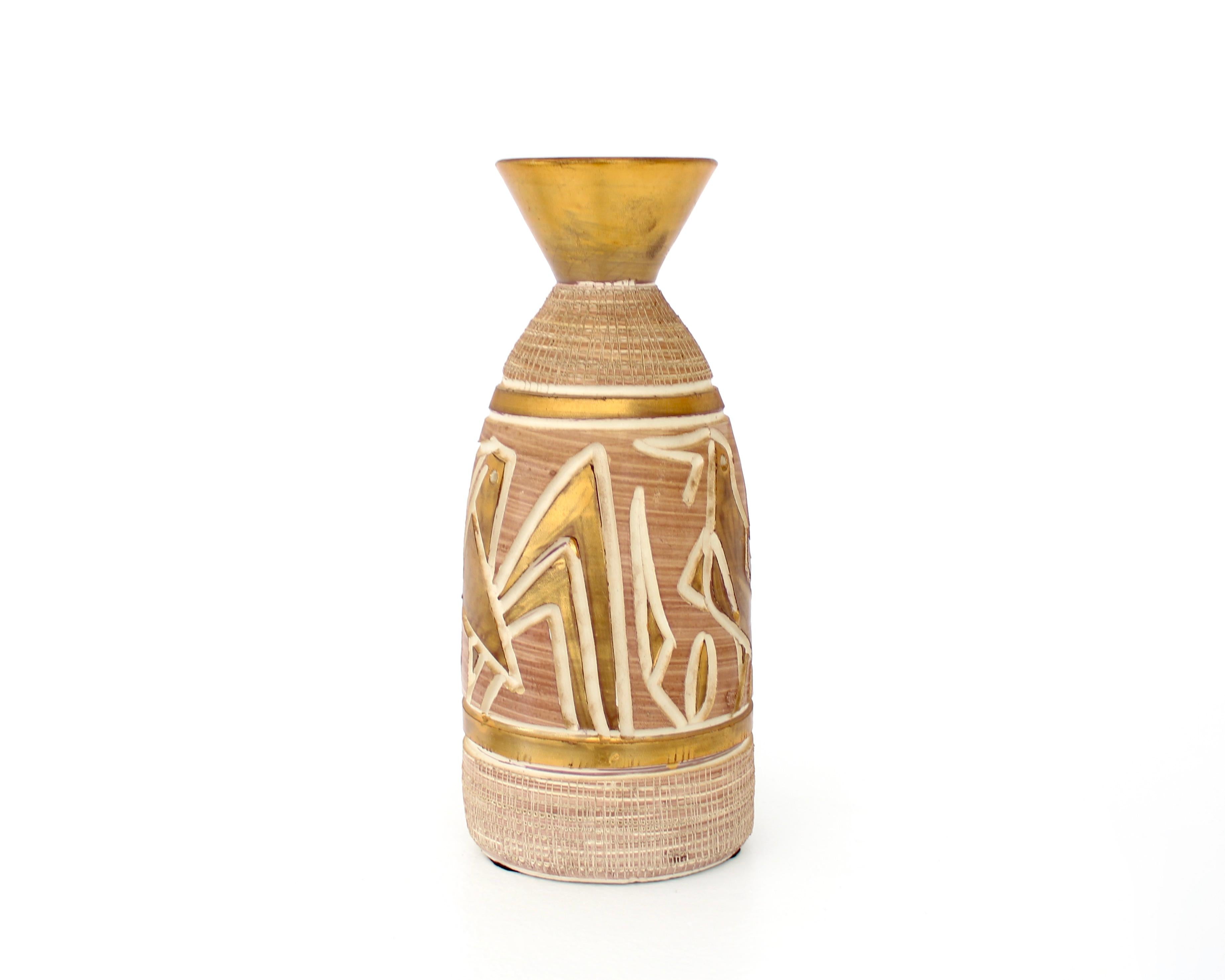 Mid-Century Modern Italian Pair of Ceramic Incised Abstract Bird Motif Vases Attributed to Bitossi