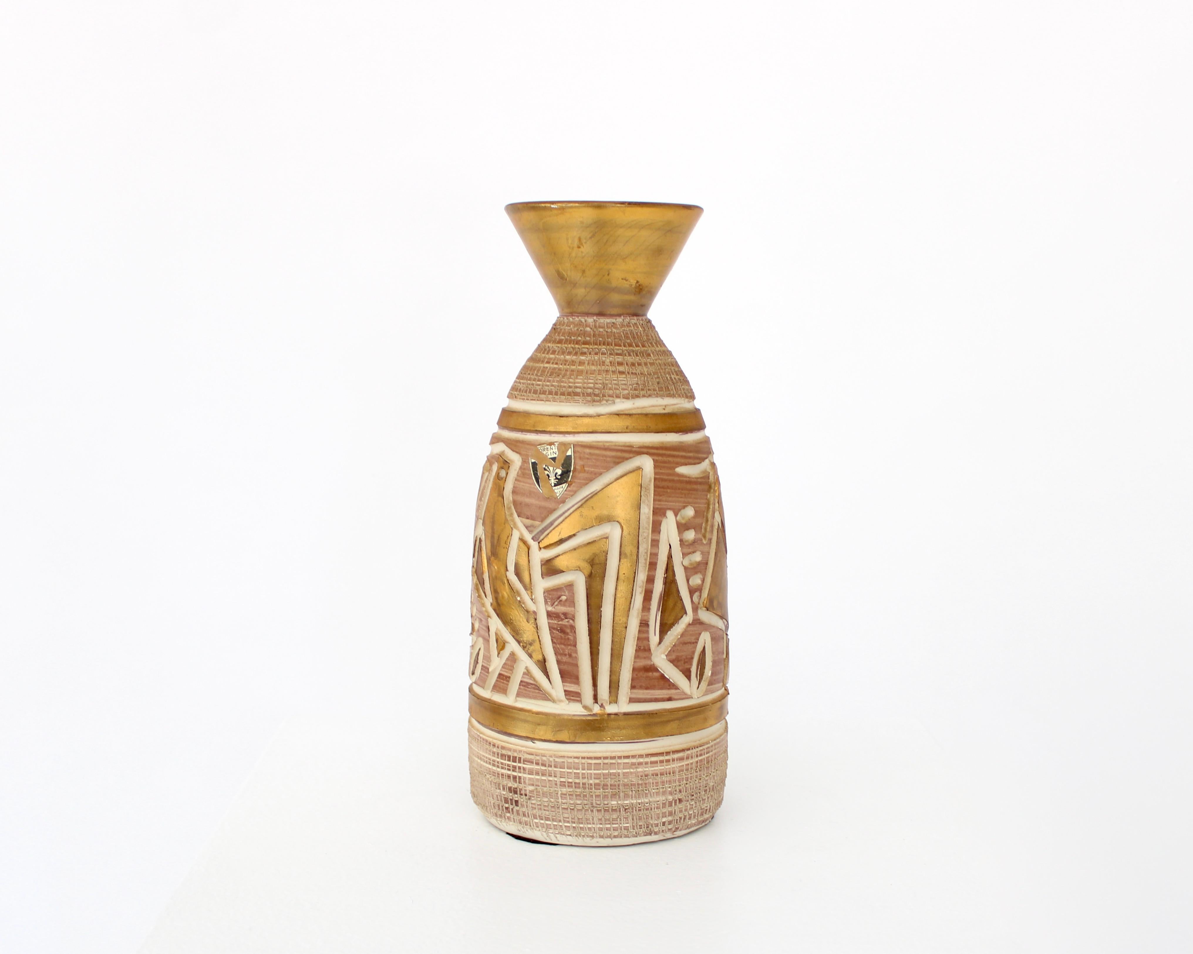 Italian Pair of Ceramic Incised Abstract Bird Motif Vases Attributed to Bitossi 1