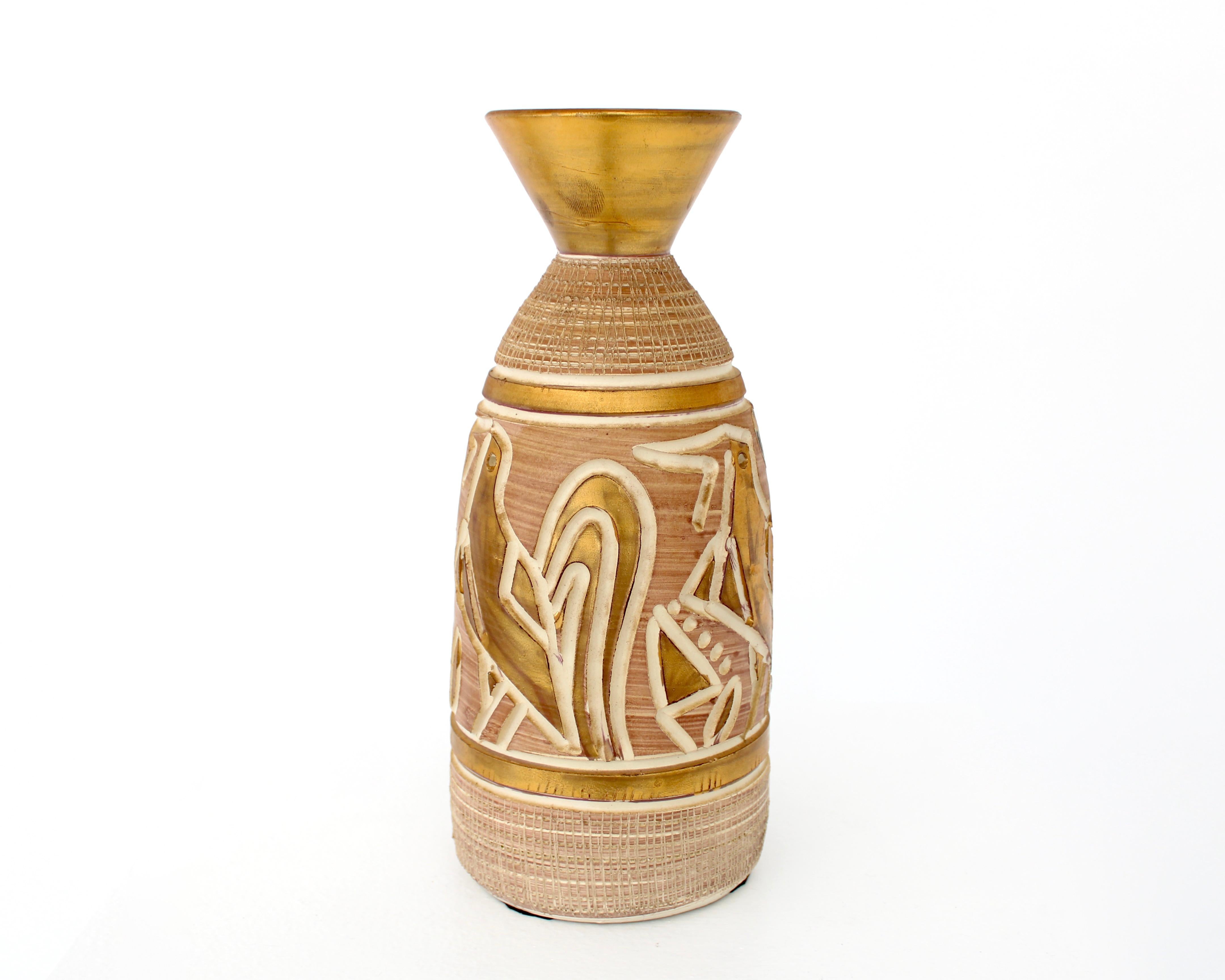 Italian Pair of Ceramic Incised Abstract Bird Motif Vases Attributed to Bitossi 3