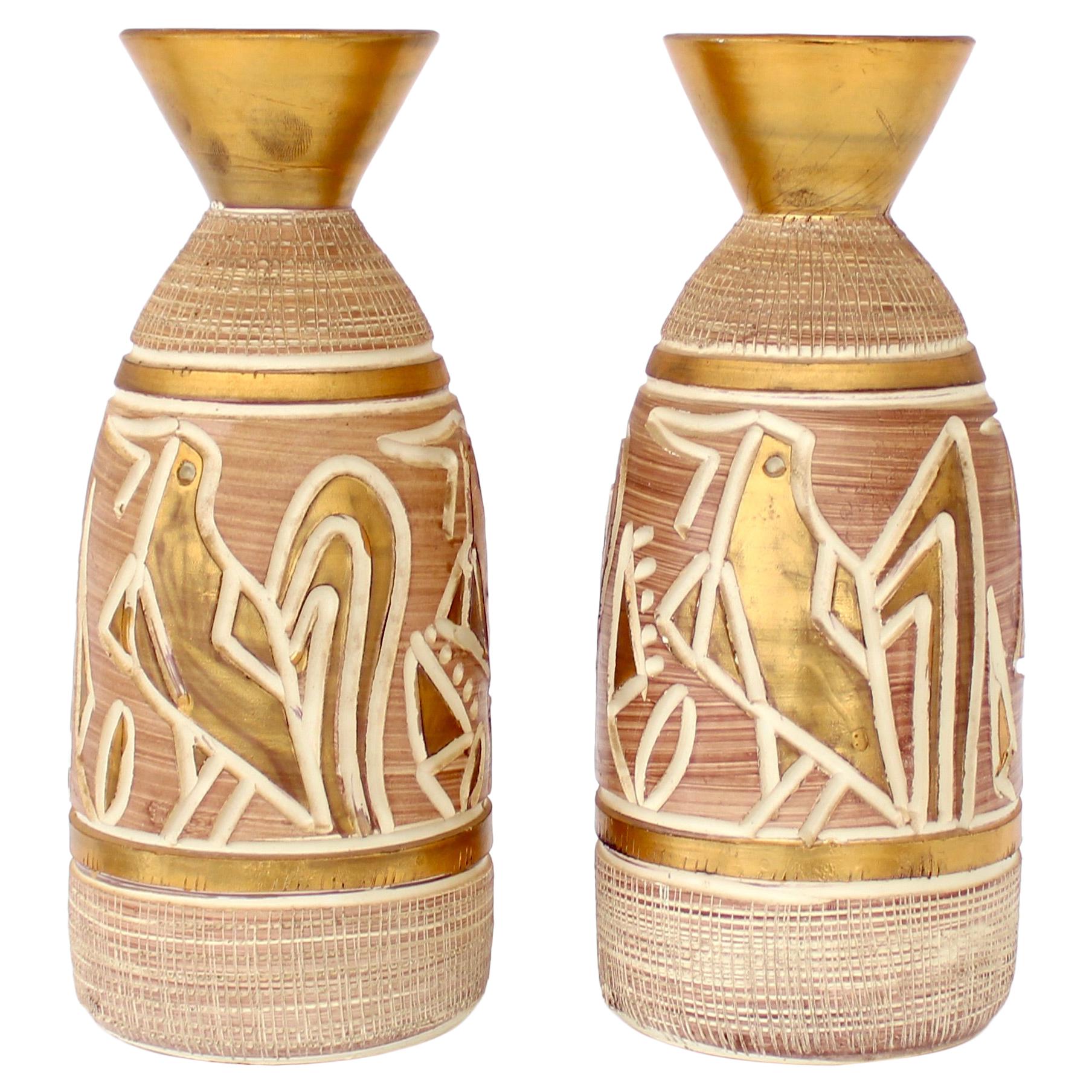 Italian Pair of Ceramic Incised Abstract Bird Motif Vases Attributed to Bitossi