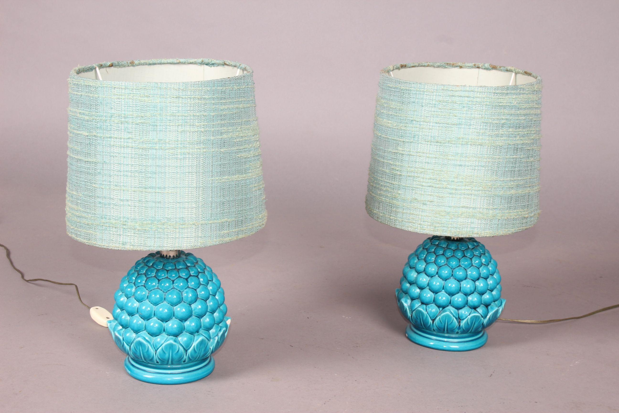 Italian blue ceramic pair of table lamp, small damage on the base of one and on the side (photo) signed La Farnesiana Parma dimensions with out shade H25 D 16 cm.
