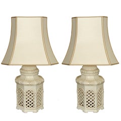 Italian Pair of Ceramic Table Lamps, Ivory Glazed Terracotta, 1970s