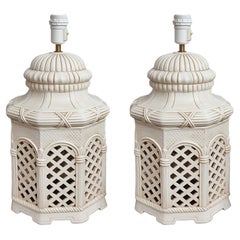 Italian Pair of Ceramic Table Lamps, Ivory Glazed Terracotta, 1970s