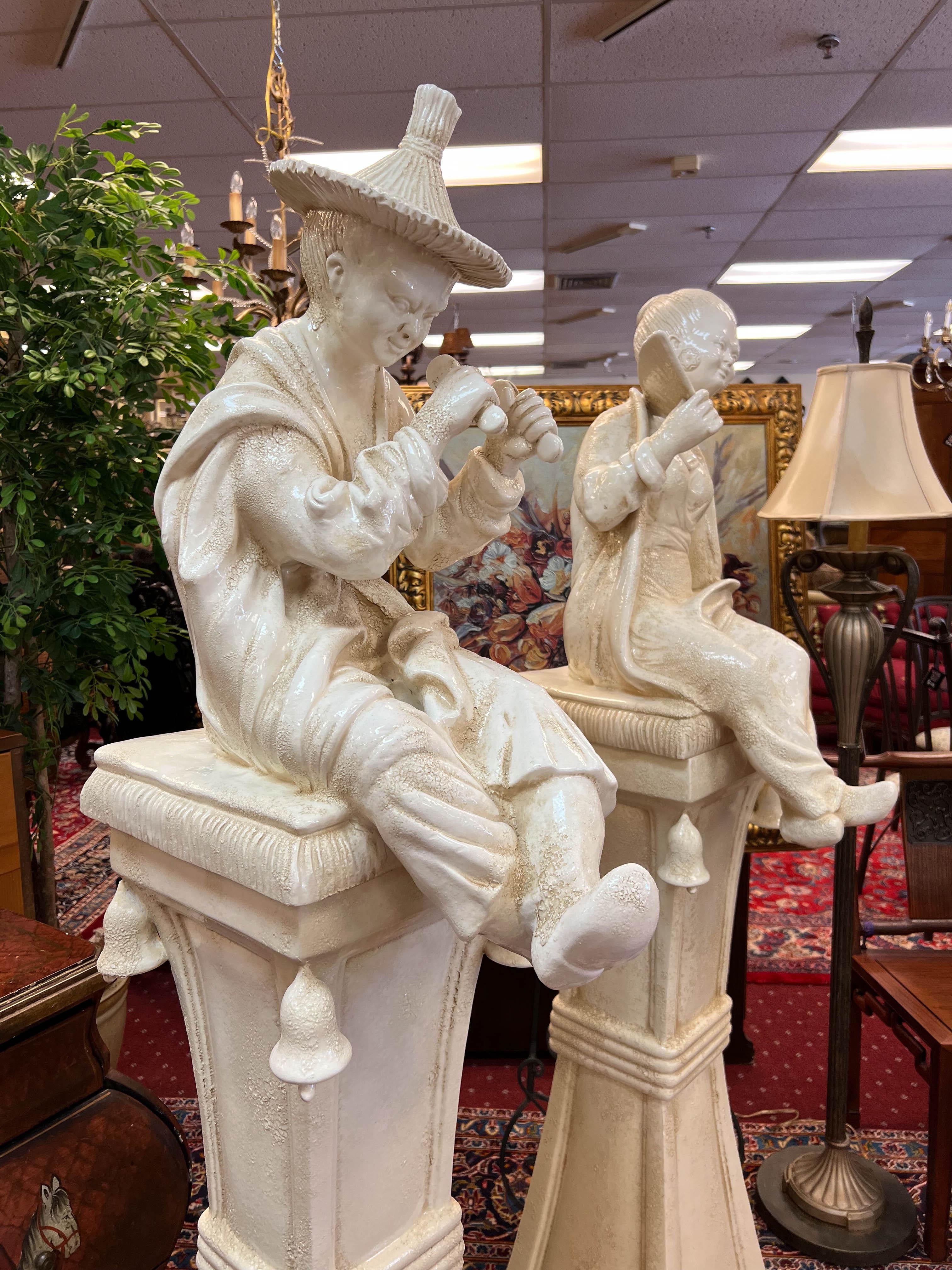 Mid-20th Century Italian Pair of Chinoiserie Blanc De Chine Figurines on Pedestal