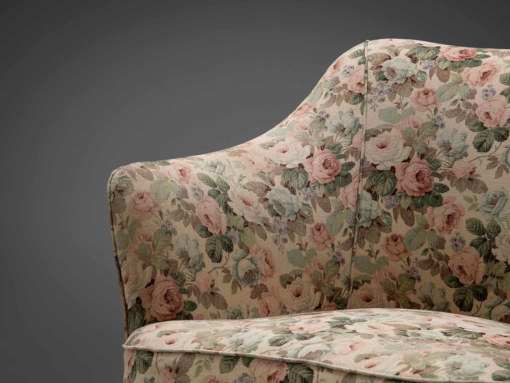 Mid-Century Modern Italian Pair of Club Chairs in Floral Upholstery