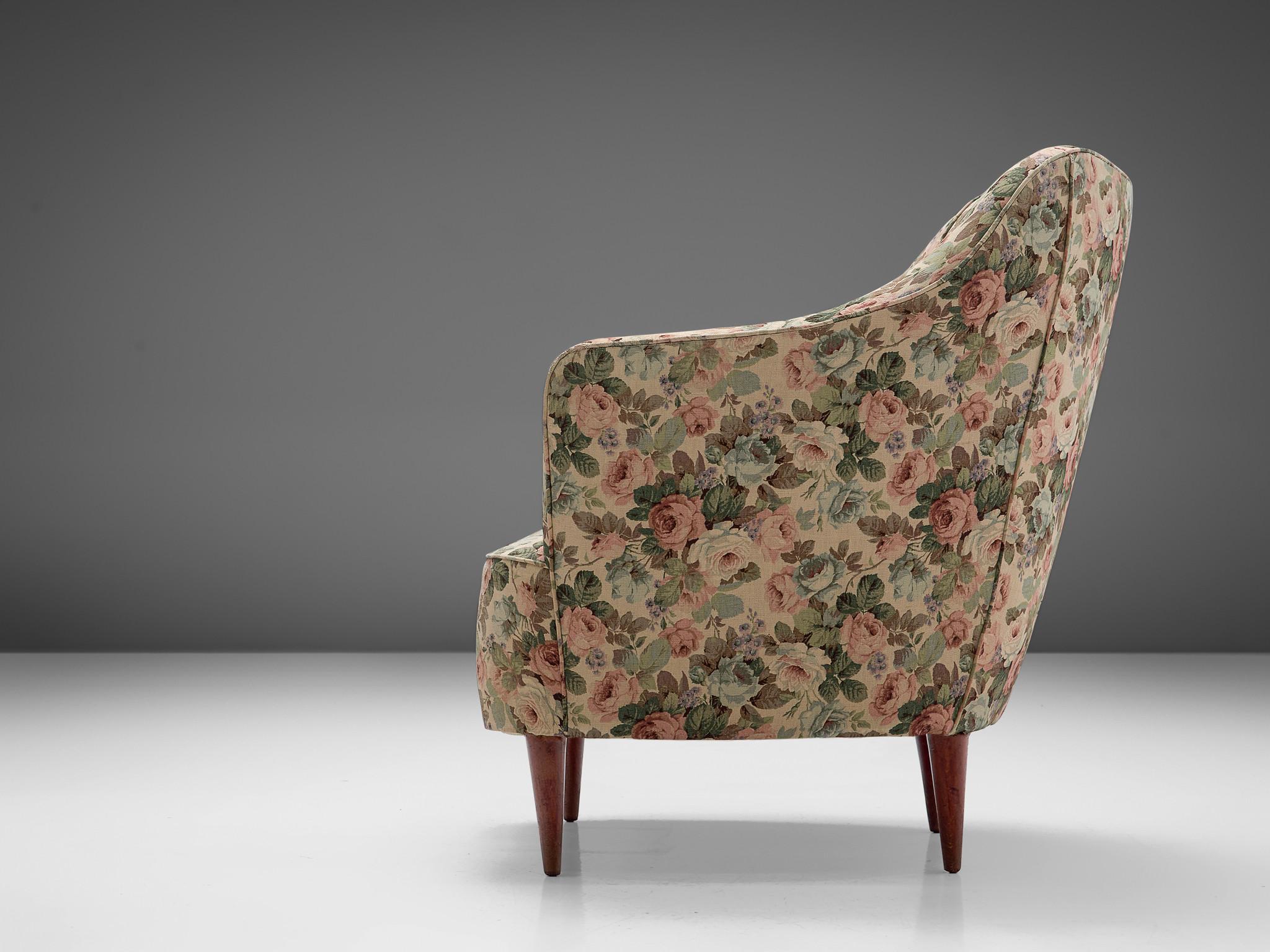 Fabric Italian Pair of Club Chairs in Floral Upholstery