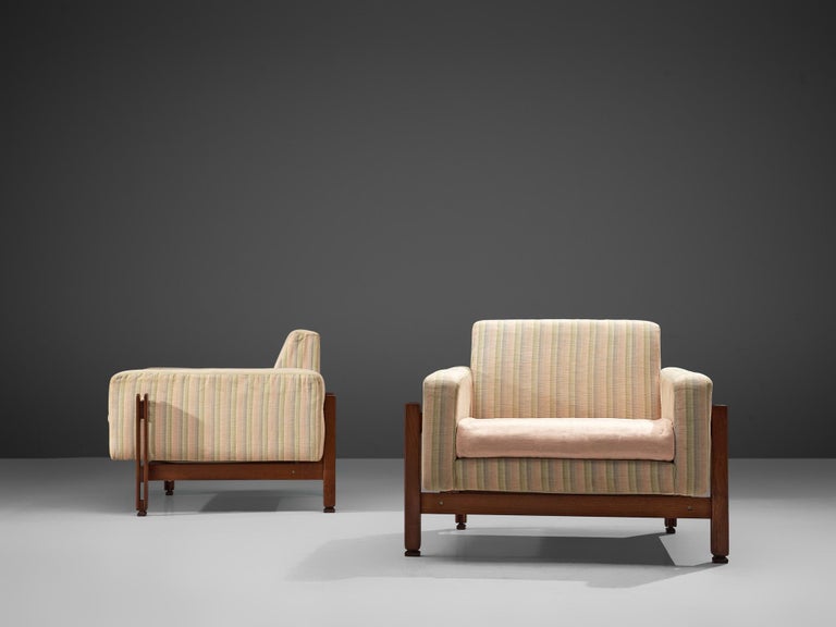 Fabric Italian Pair of Cubic Lounge Chairs in Wood and Striped Upholstery