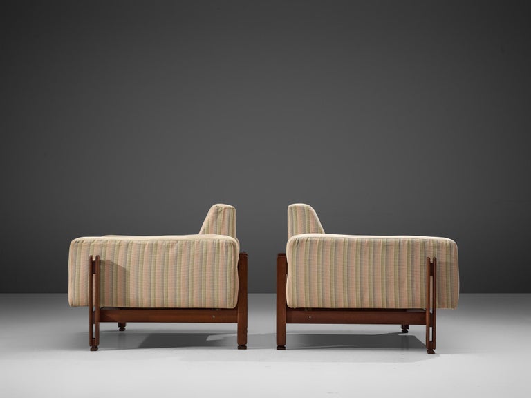 Italian Pair of Cubic Lounge Chairs in Wood and Striped Upholstery 1