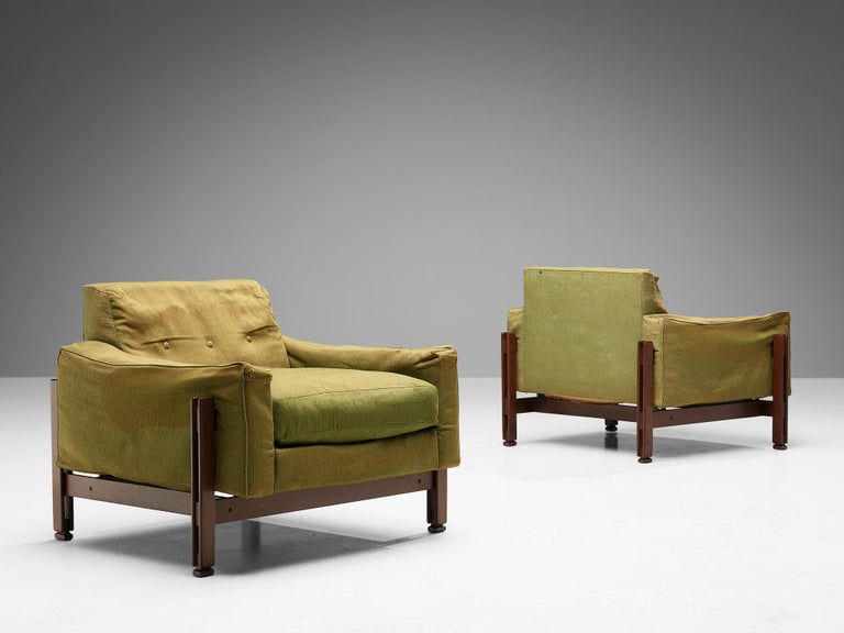 Italian Pair of Cubic Lounge Chairs in Wood and Striped Upholstery 2