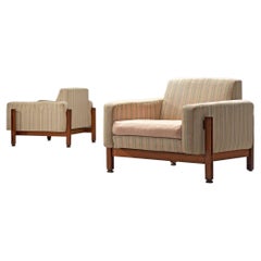 Italian Pair of Cubic Lounge Chairs in Wood and Striped Upholstery