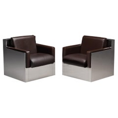 Italian Pair of Cubic Lounge Chairs Stainless Steel and Brown Upholstery 