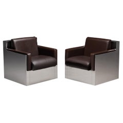 Italian Pair of Cubic Lounge Chairs Stainless Steel and Brown Upholstery