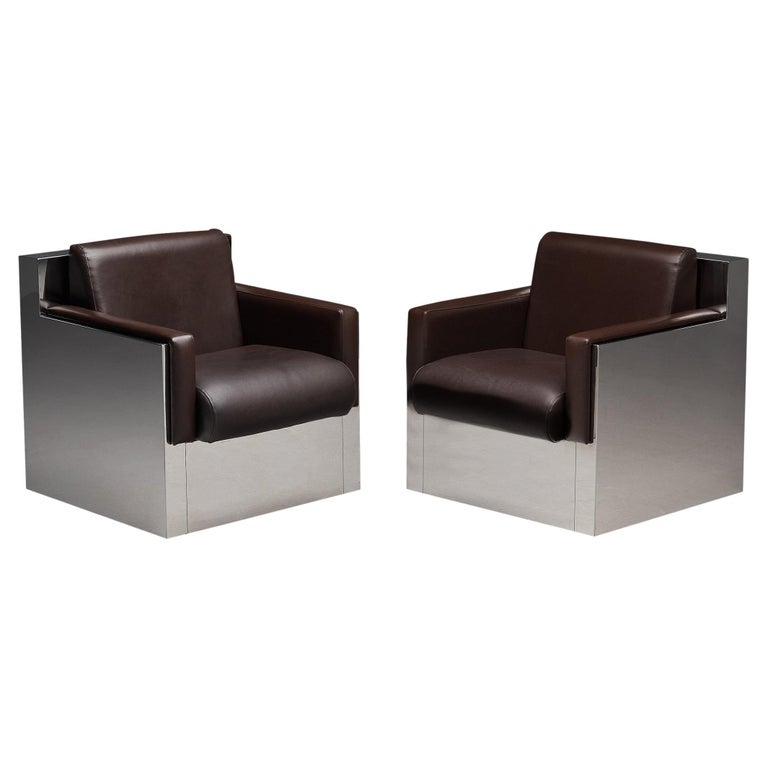 Paire de chaises longues cubiques italiennes en acier inoxydable En