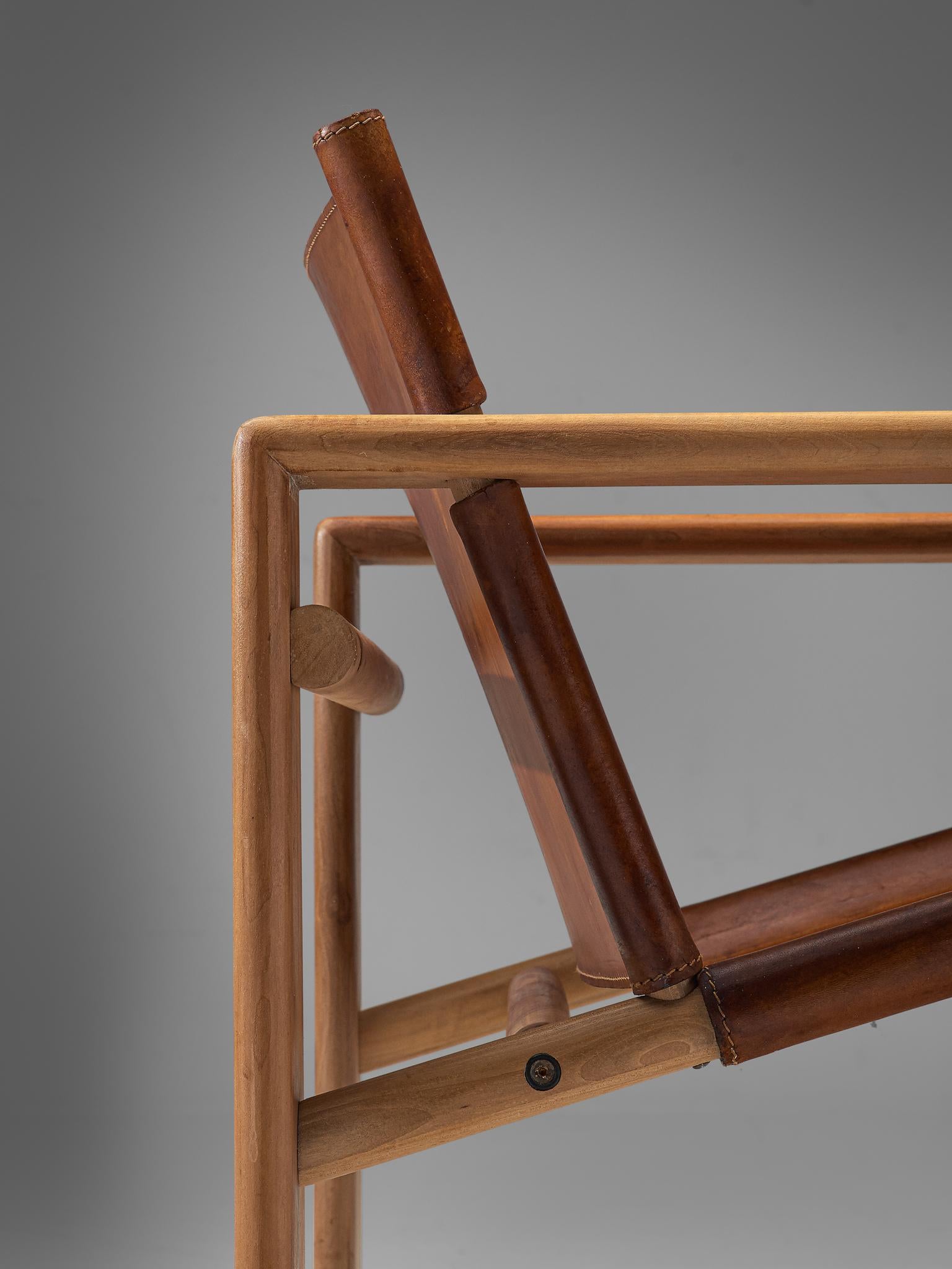 Danish Italian Pair of Cubist Armchairs in Cognac Leather and Elm by Tarcisio Colzani