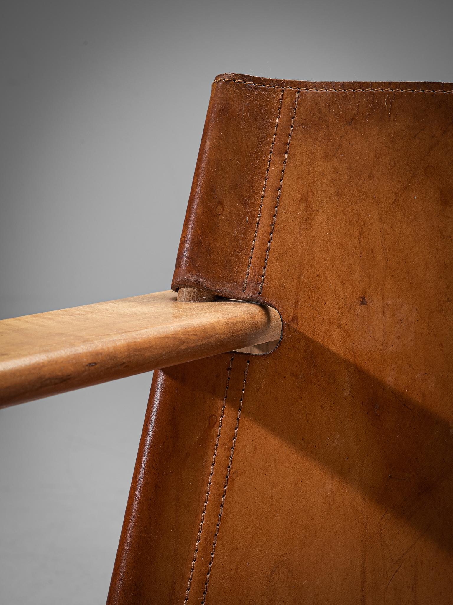 Italian Pair of Cubist Armchairs in Cognac Leather and Elm by Tarcisio Colzani 2