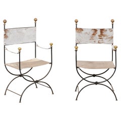 Italian Pair of Curule Chairs in Black Iron & Hide with Brass Finial Accents