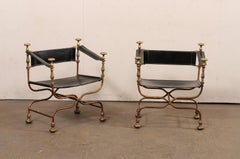 Italian Pair of Curule Savonarola Chairs w/Black Leather Seats, Backs & Armrests