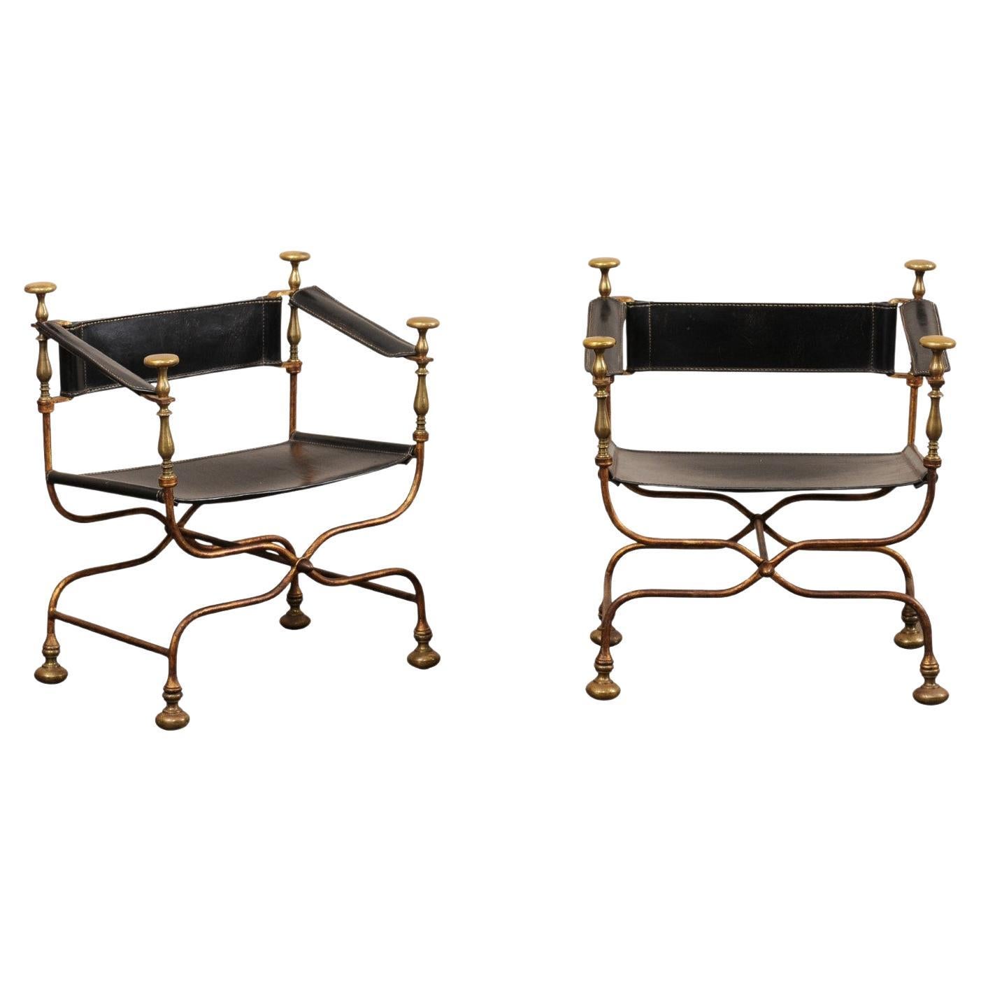 Italian Pair of Curule Savonarola Chairs w/Black Leather Seats, Backs & Armrests