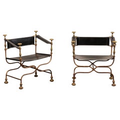 Italian Pair of Curule Savonarola Chairs w/Black Leather Seats, Backs & Armrests