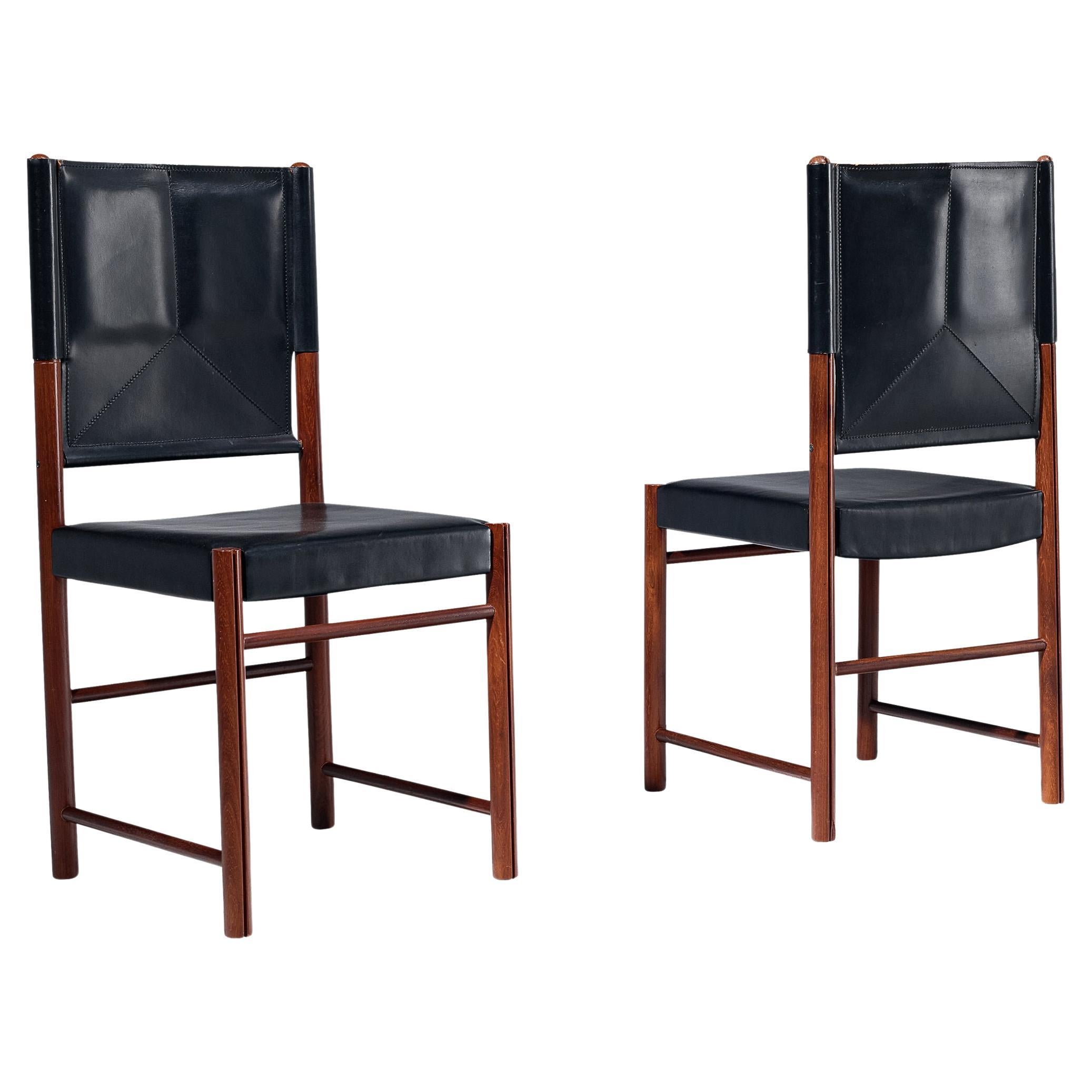 Italian Pair of Dining Chairs in Black Leather 