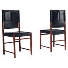Italian Pair of Dining Chairs in Black Leather 
