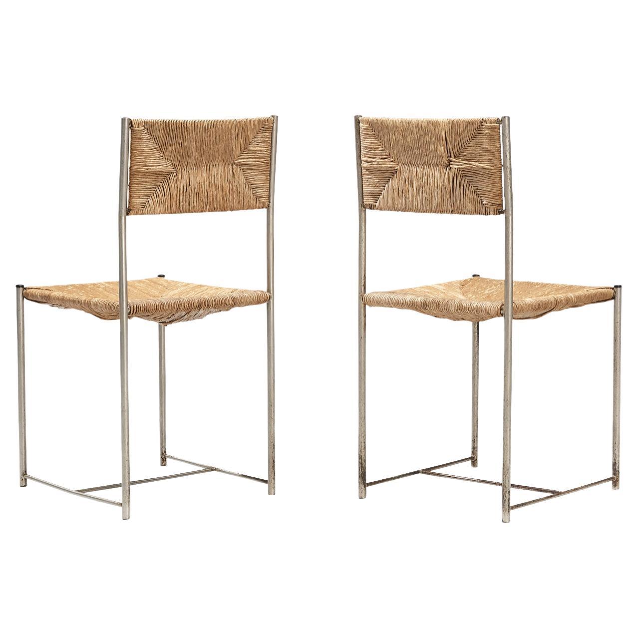 Italian Pair of Dining Chairs in Patinated Steel and Straw