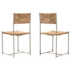 Italian Pair of Dining Chairs in Patinated Steel and Straw