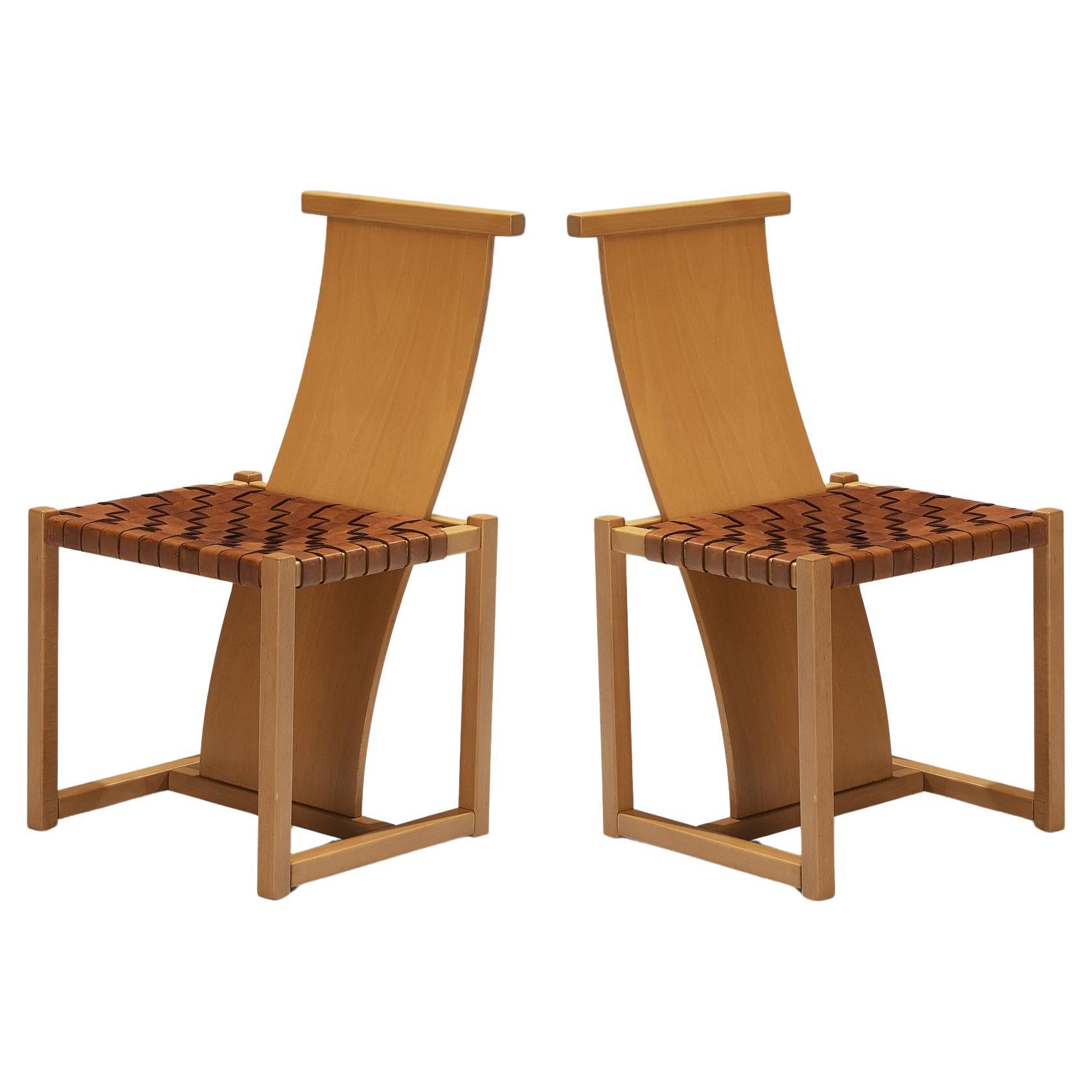 Italian Pair of Dining Chairs with Woven Leather Seats