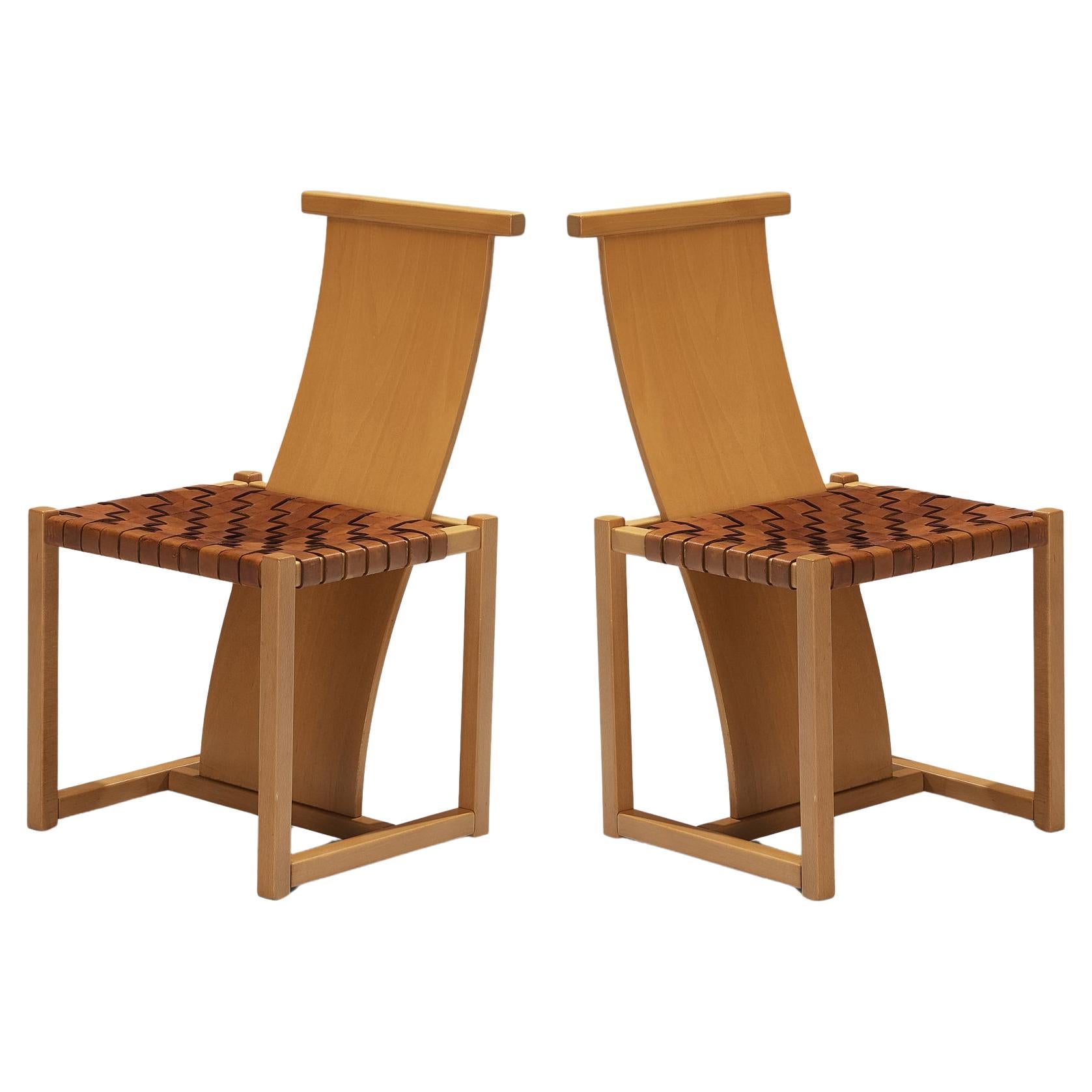 Italian Pair of Dining Chairs with Woven Leather Seats 