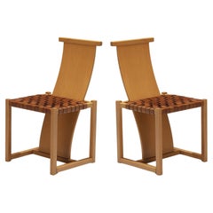 Vintage Italian Pair of Dining Chairs with Woven Leather Seats 