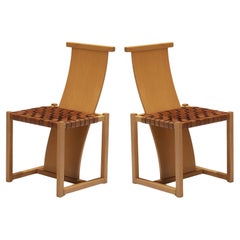 Italian Pair of Dining Chairs with Woven Leather Seats