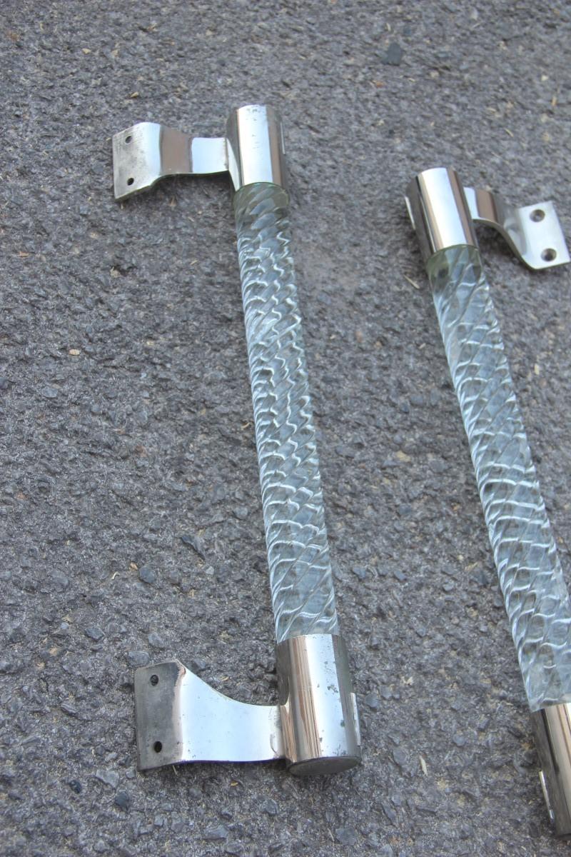 Italian Pair of Door Handles 1940 Braid Murano Glass Chrome Metal Silver 1