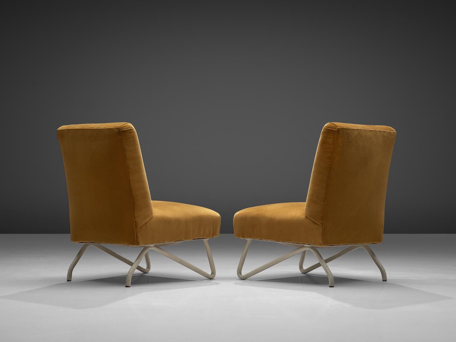 Mid-Century Modern Italian Pair of Easy Chairs with Orange Velvet