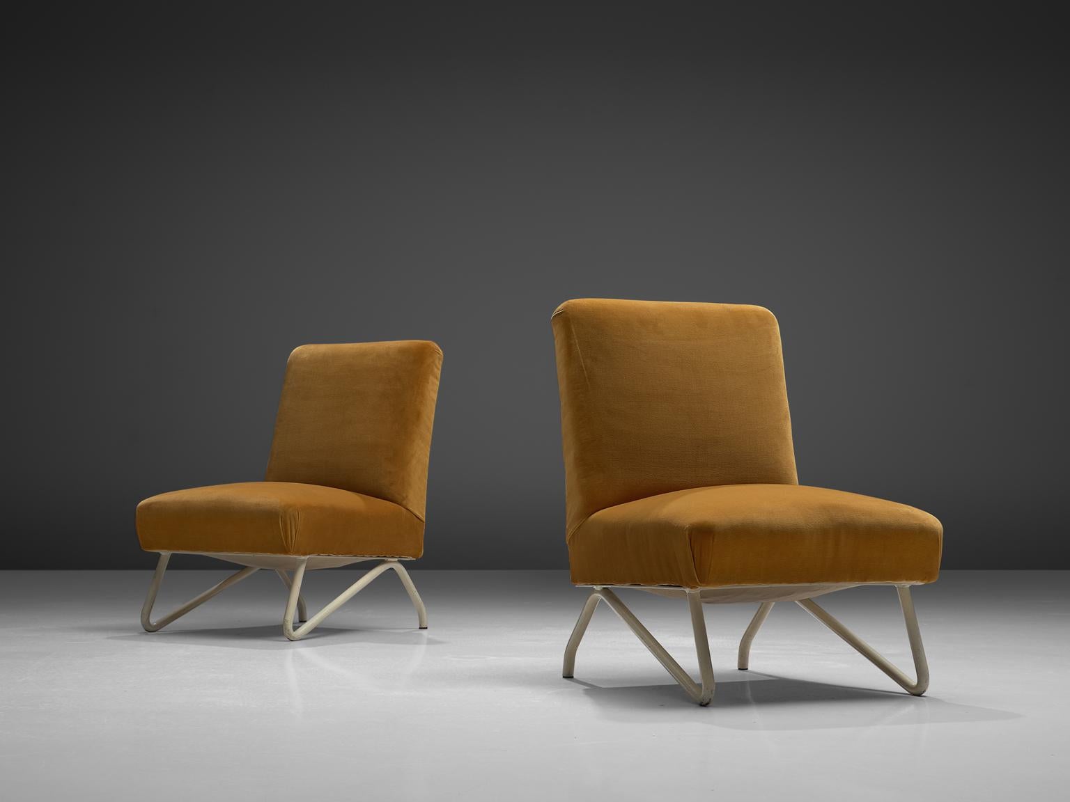 Mid-20th Century Italian Pair of Easy Chairs with Orange Velvet