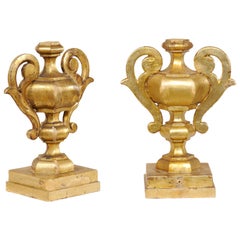 Antique Italian Pair of Elegant Giltwood Two-Handled Urn Fragments, 19th Century