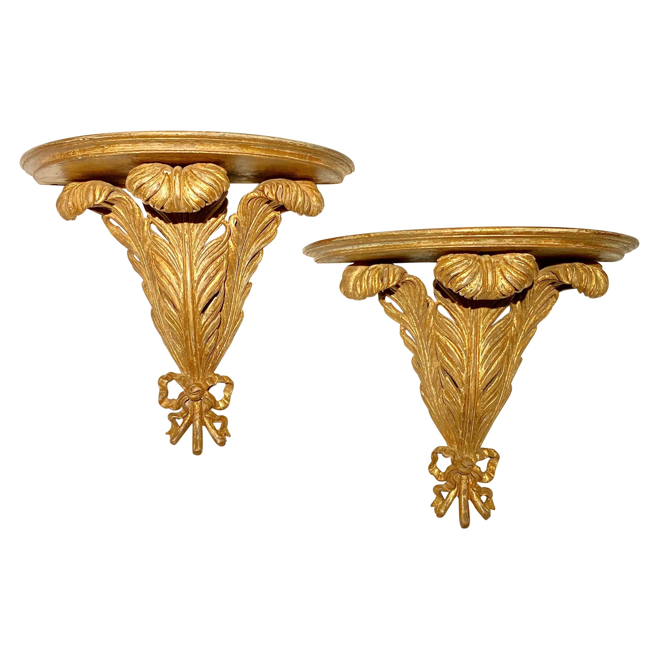 Italian Pair of Feather Giltwood Wall Brackets, Style of Maison Jansen For Sale