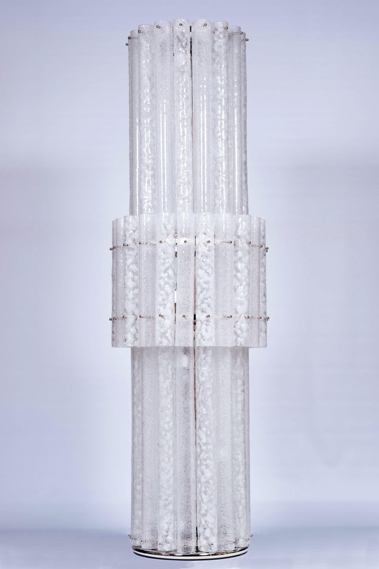 Italian Pair Of Floor Lamps In Blown Murano Glass With White Waves Contemporary