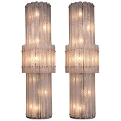 Italian Pair of Floor Lamps in Blown Murano Glass with White Waves, Contemporary