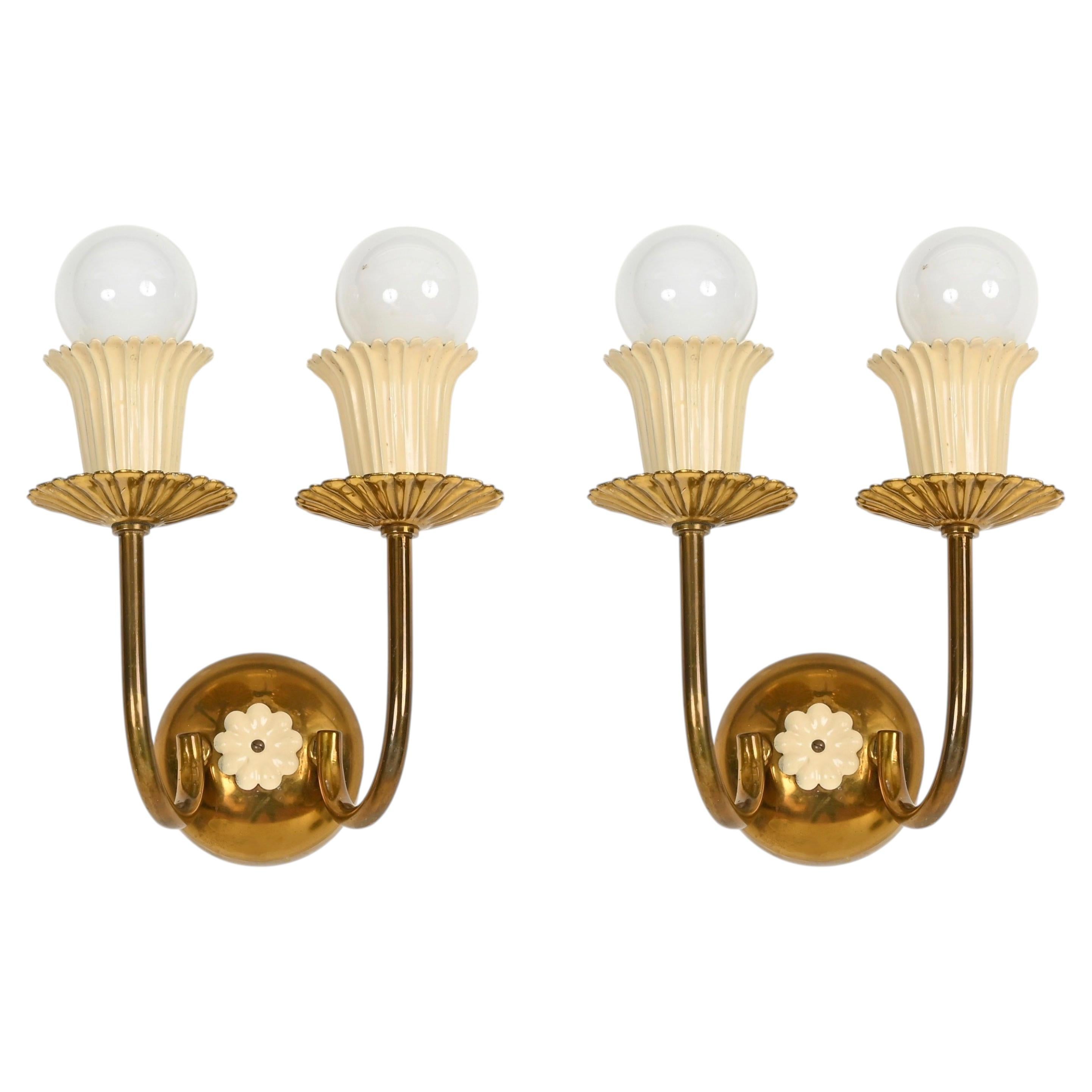 Italian Pair of Flower Sconces in Brass and Enamelled Metal by Arredoluce, 1950s