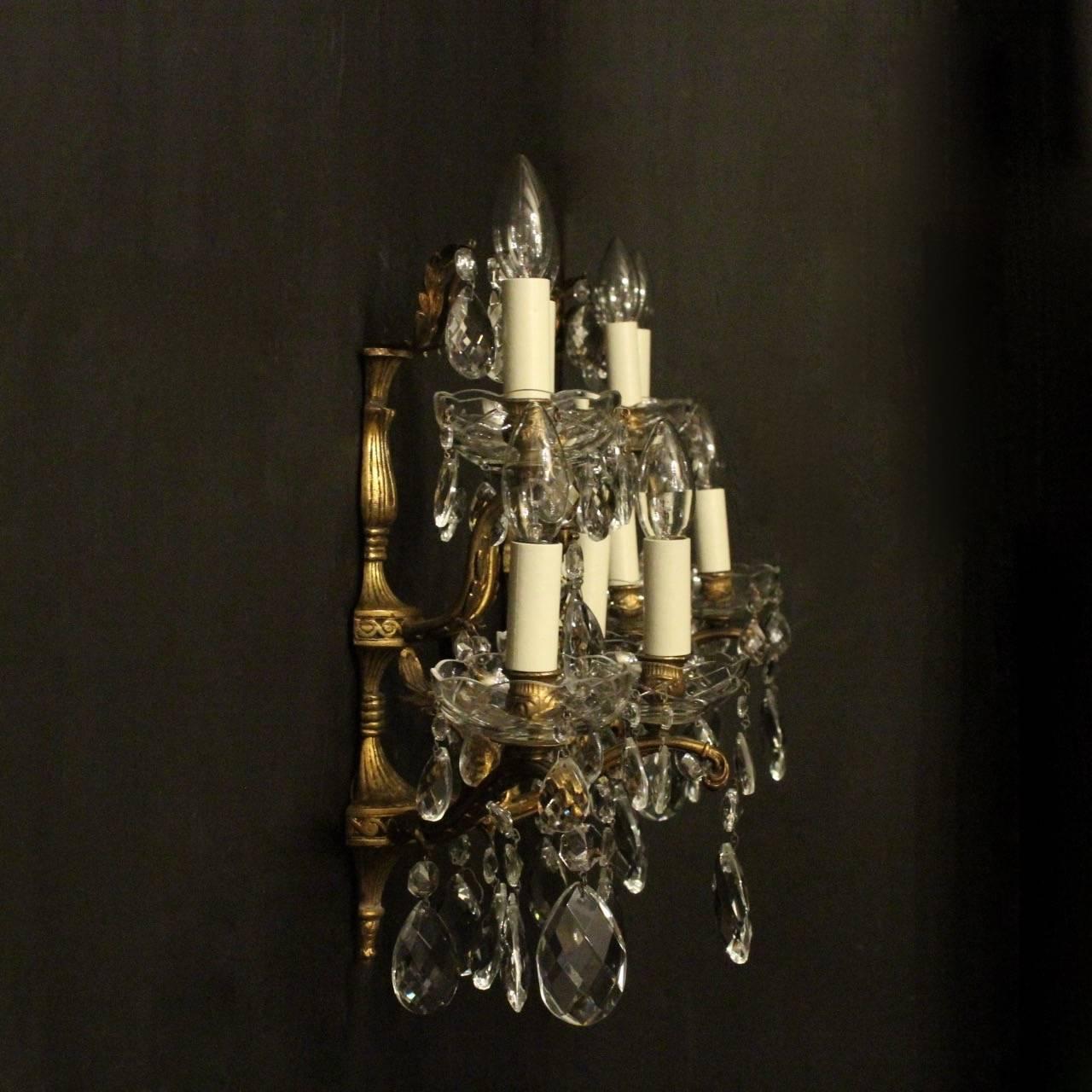 Italian Pair of Gilded Bronze and Crystal Five-Arm Antique Wall Lights 4