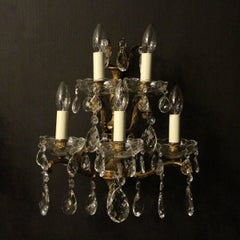 Italian Pair of Gilded Bronze and Crystal Five-Arm Antique Wall Lights