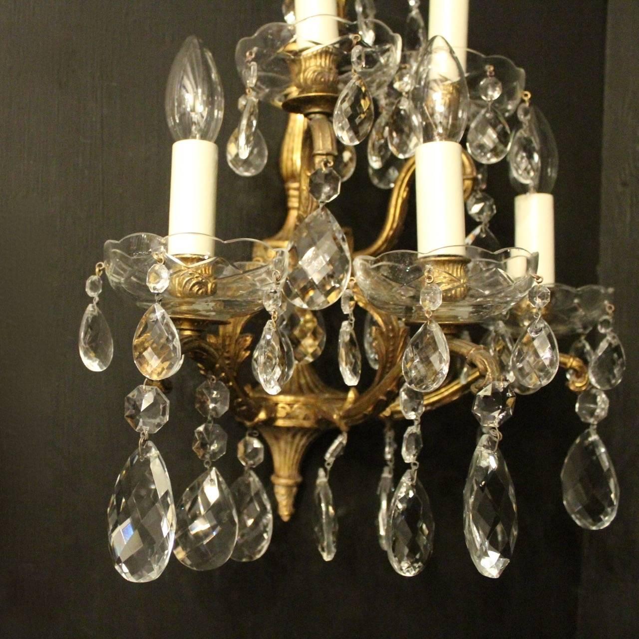 Baroque Revival Italian Pair of Gilded Bronze and Crystal Five-Arm Antique Wall Lights