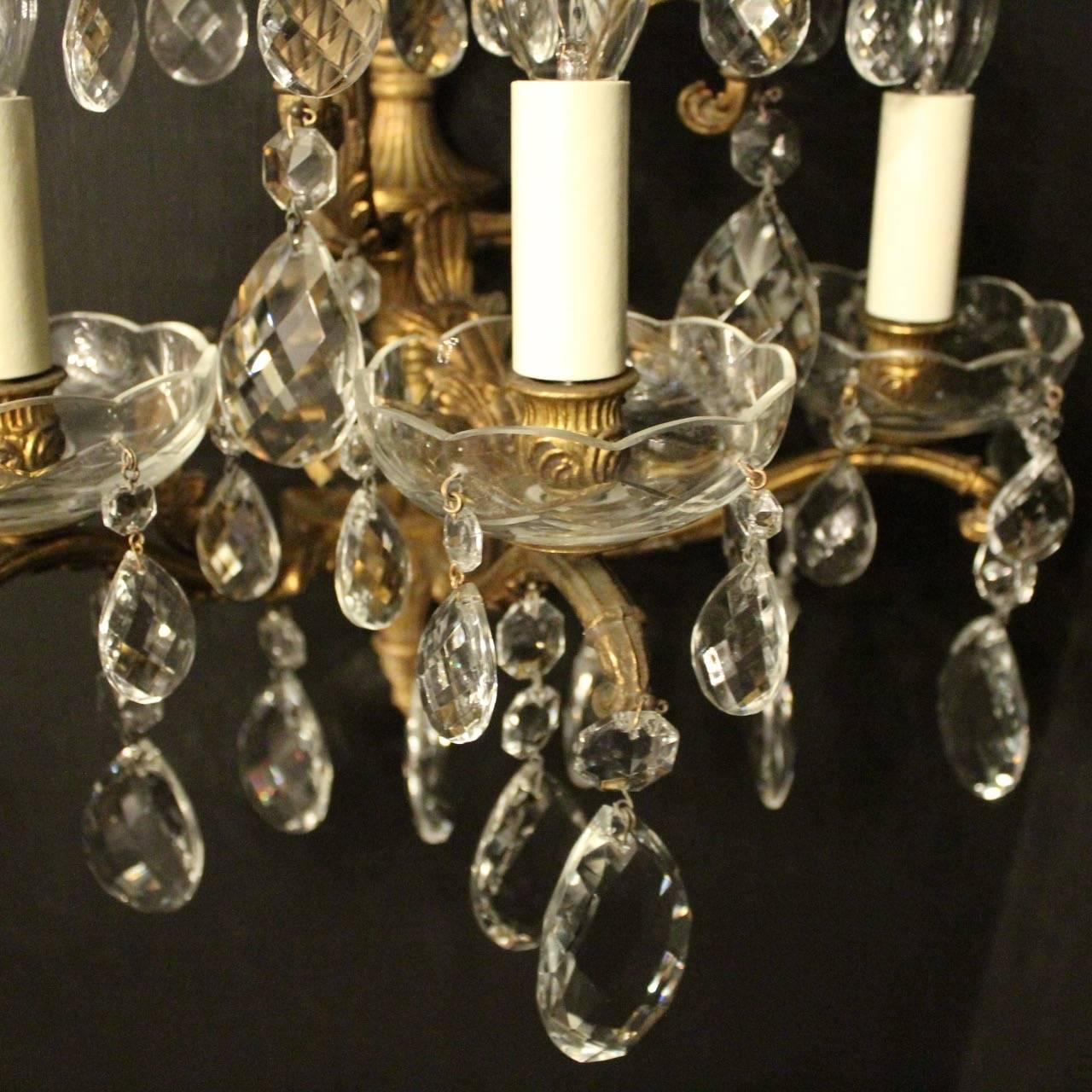 Italian Pair of Gilded Bronze and Crystal Five-Arm Antique Wall Lights In Good Condition In Chester, GB