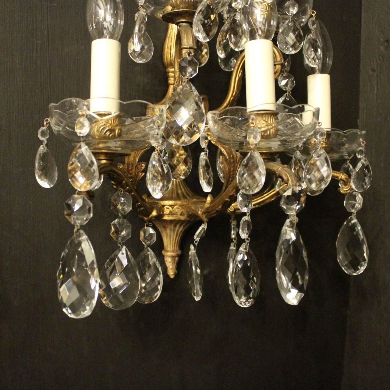 20th Century Italian Pair of Gilded Bronze and Crystal Five-Arm Antique Wall Lights