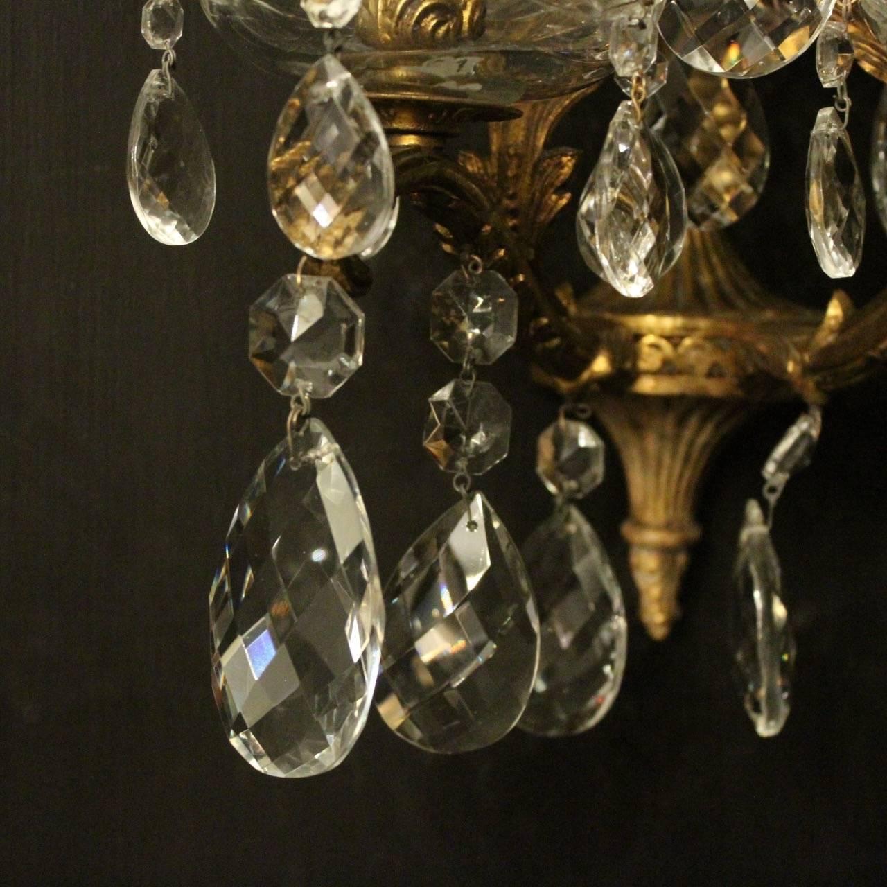Italian Pair of Gilded Bronze and Crystal Five-Arm Antique Wall Lights 1