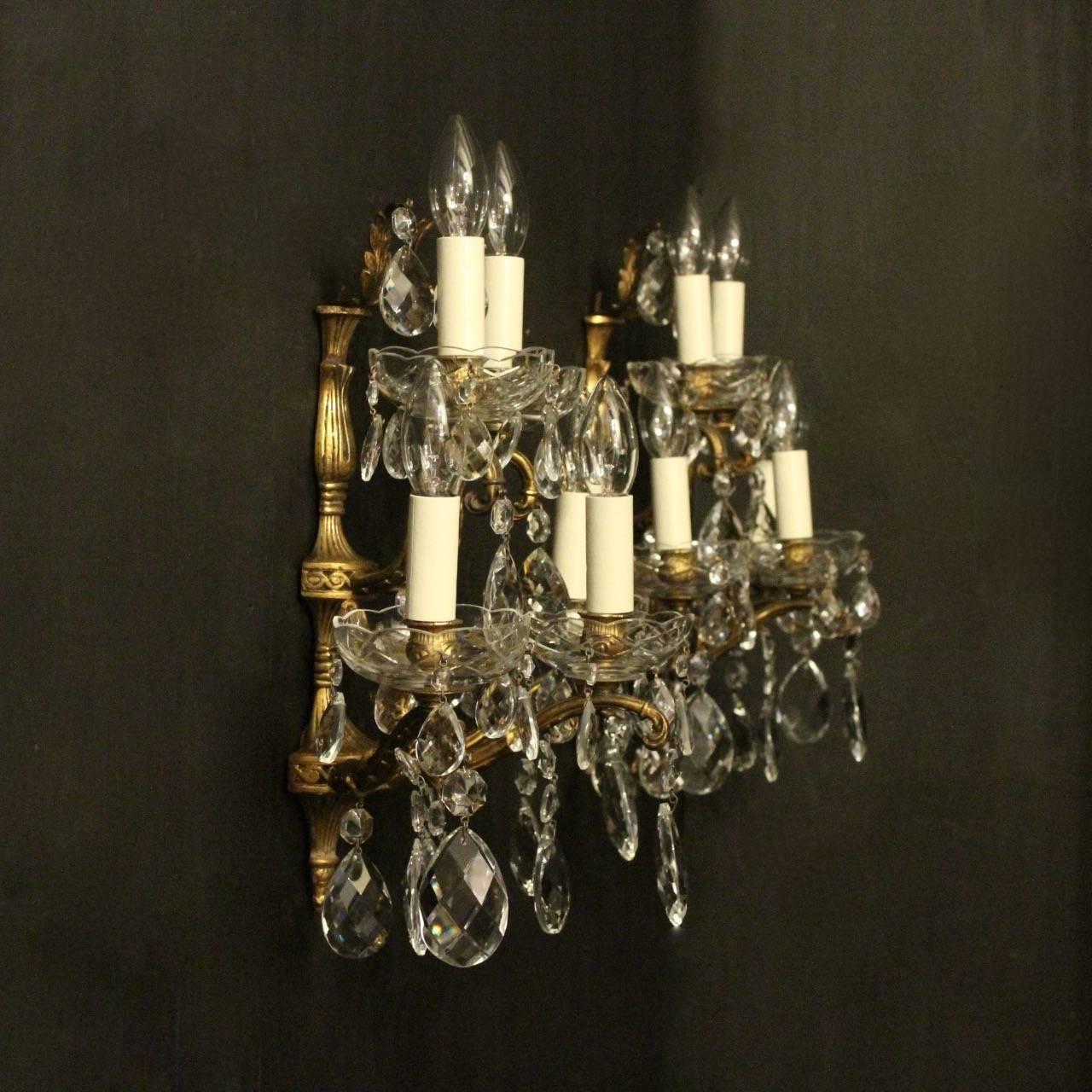 Italian Pair of Gilded Bronze and Crystal Five-Arm Antique Wall Lights 3